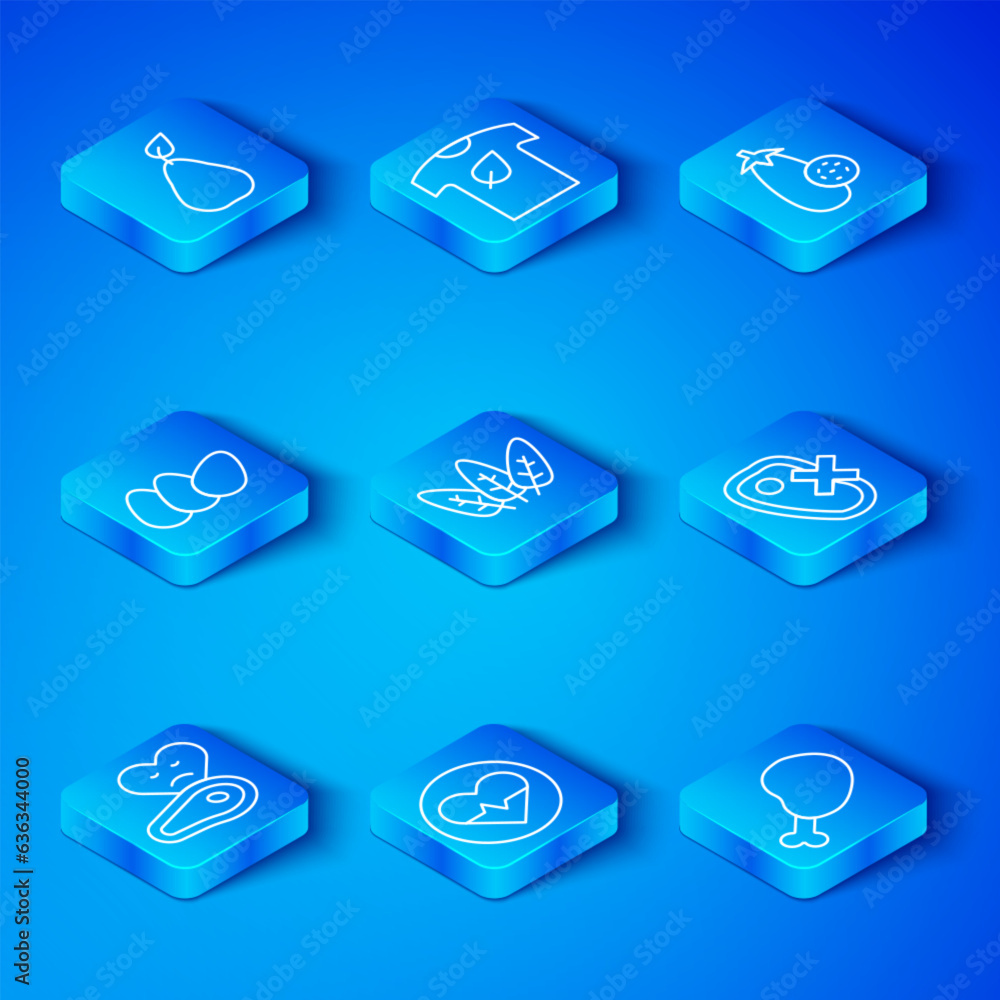 Set line Steak meat, Leaf, Heart rate, No, Eggplant, Chicken egg, Pear and leg icon. Vector Set line Steak meat, Leaf, Heart rate, No, Eggplant, Chicken egg, Pear and leg icon. Vector