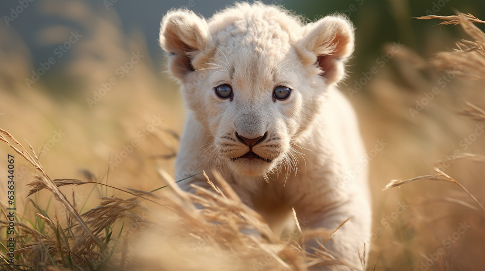 Obraz premium Albino Lion Cub: An image of an albino lion cub playfully exploring the savannah