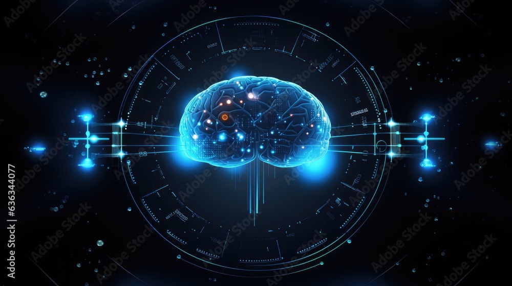 3D, Brain anatomy, Anatomical drawing, Blue, Computerized, Artificial intelligence, Science. THE BRAIN ACTIVITY.  Human brain during its use. Cognitive organ electric impulses by nerve cells (neurons)