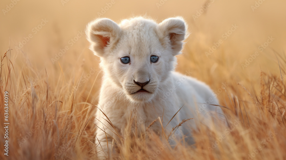 Obraz premium Albino Lion Cub: An image of an albino lion cub playfully exploring the savannah