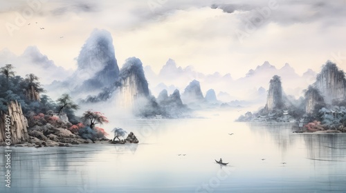 Chinese style painting of mountain and river