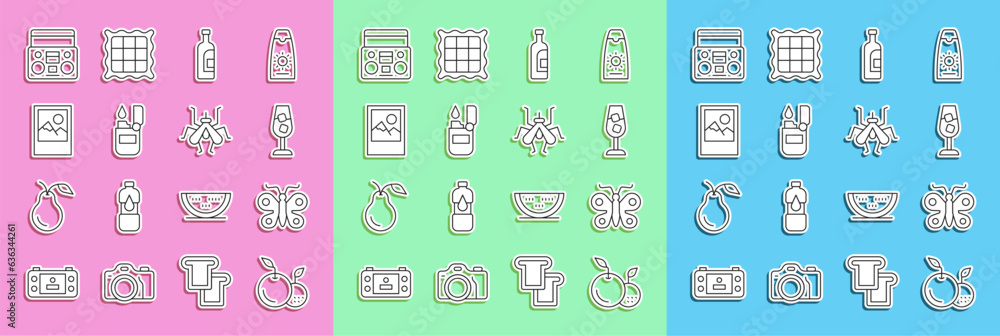 Set line Fruit, Butterfly, Wine glass, Bottle of wine, Lighter, Photo frame, Home stereo with two speakers and Mosquito icon. Vector Set line Fruit, Butterfly, Wine glass, Bottle of wine, Lighter, Photo frame, Home stereo with two speakers and Mosquito icon. Vector