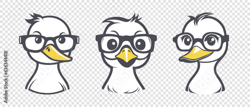 Vector set of graphic icons or stickers. Cute little cartoon white ducklings, chicken with yellow beak and glasses. Isolated background.