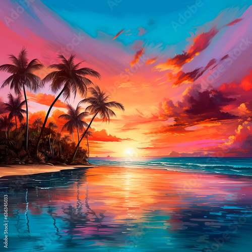 sunset/sunrise on the ocean/sea beach with palm trees created with Generative Ai © Andrii Yablonskyi