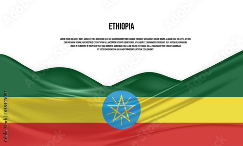 Ethiopia flag design. Waving Ethiopia flag made of satin or silk fabric. Vector Illustration.