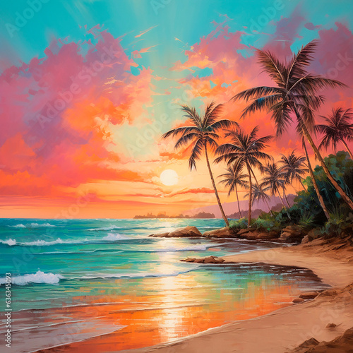 sunset sunrise on the ocean sea beach with palm trees created with Generative Ai