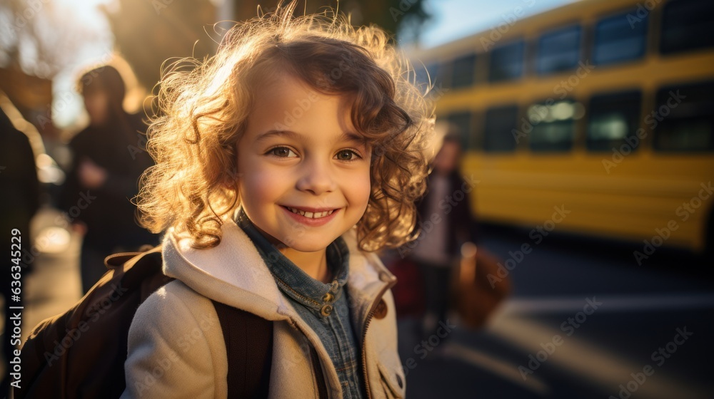 Smiling elementary student girl smiling and ready to board school bus. Smiling elementary student girl smiling and ready to board school bus.
