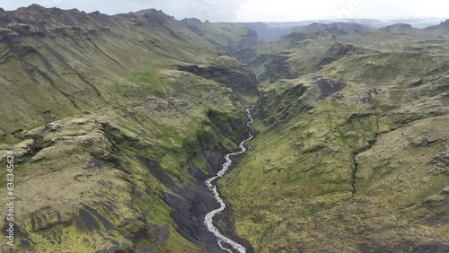 View into the valley of Thorsmoerk, Fimmvorduhals hiking trail in Iceland photo
