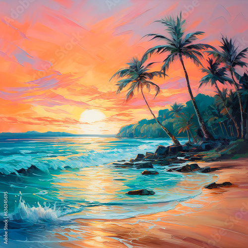 sunset sunrise on the ocean sea beach with palm trees created with Generative Ai