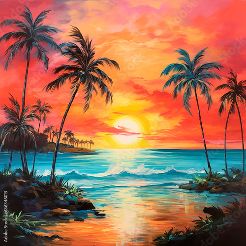 sunset/sunrise on the ocean/sea beach with palm trees created with Generative Ai