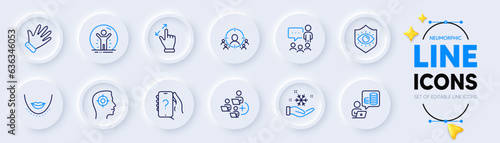People chatting, Hand and Business targeting line icons for web app. Pack of Touchscreen gesture, Freezing, Budget accounting pictogram icons. Eye protection, Chin, Recovered person signs. Vector