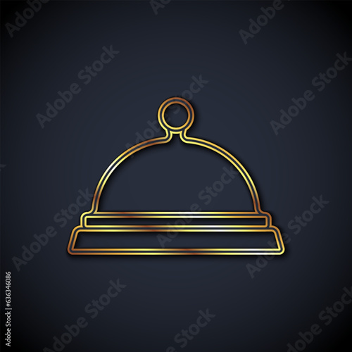 Gold line Covered with a tray of food icon isolated on black background. Tray and lid sign. Restaurant cloche with lid. Vector