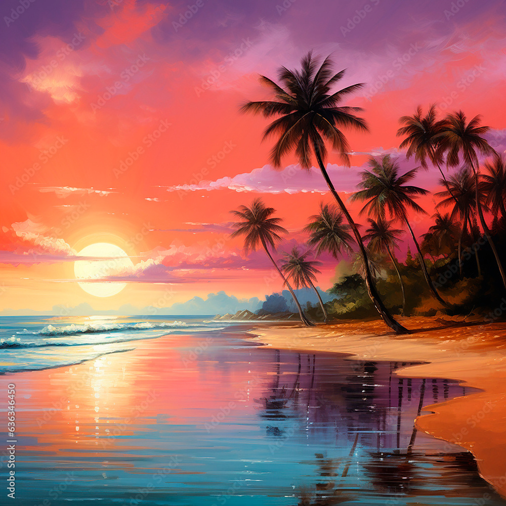 sunset/sunrise on the ocean/sea beach with palm trees created with Generative Ai