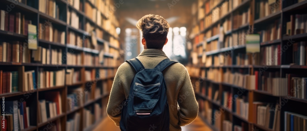 Smart creative man student holding book sitting on floor among bookshelves in modern university campus library, Generative AI Smart creative man student holding book sitting on floor among bookshelves in modern university campus library, Generative AI