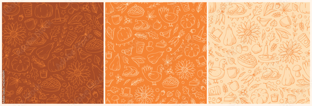 autumn and thanksgiving set of semaless patterns. Fall patterns collection with doodles for wallpaper, wrapping paper, scrapbooking, backgrounds, packaging, textile prints, etc. EPS 10 - obrazy, fototapety, plakaty 