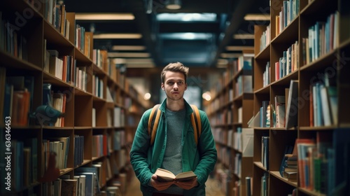Smart creative man student holding book sitting on floor among bookshelves in modern university campus library, Generative AI