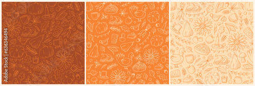 autumn and thanksgiving set of semaless patterns. Fall patterns collection with doodles for wallpaper, wrapping paper, scrapbooking, backgrounds, packaging, textile prints, etc. EPS 10 photo