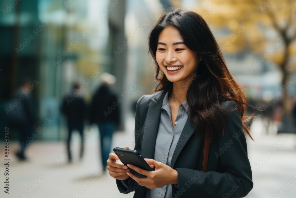 Busy young professional Asian businesswoman holding mobile phone walking on a big city street. Busy young professional Asian businesswoman holding mobile phone walking on a big city street.