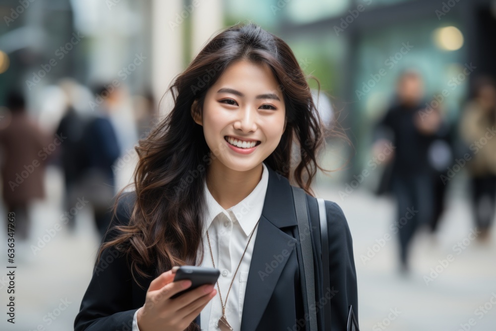 Busy young professional Asian businesswoman holding mobile phone walking on a big city street. Busy young professional Asian businesswoman holding mobile phone walking on a big city street.