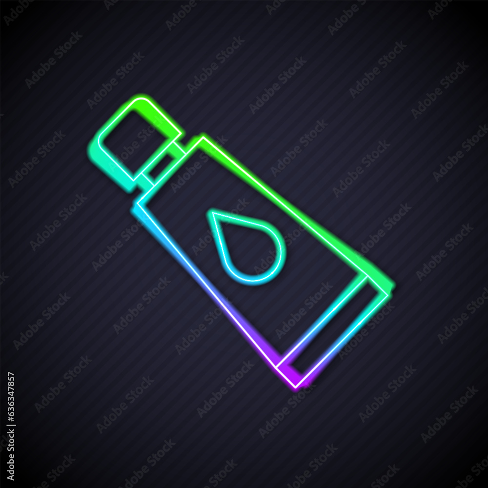 Glowing neon line Cream or lotion cosmetic tube icon isolated on black background. Body care products for woman. Vector Glowing neon line Cream or lotion cosmetic tube icon isolated on black background. Body care products for woman. Vector