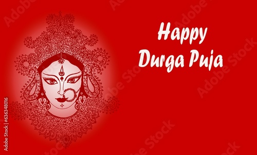 Happy Durga Puja Greeting including graphic image of hand made painting of Goddess Durga with copy space. 