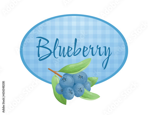 Round sticker or banner for packaging, twig with blueberries and leaves. Vector isolated cartoon label.