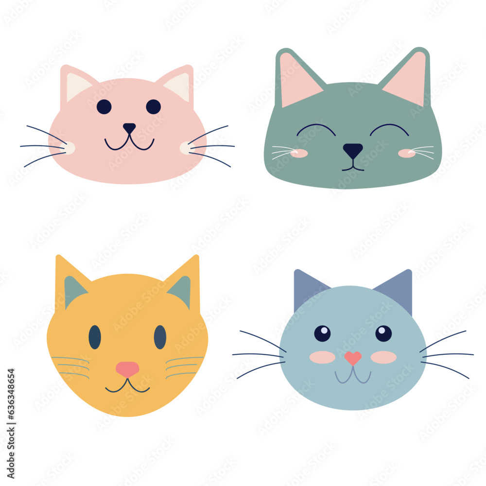 Set of cute cat face. Pet, animal. Vector, isolated on white background.