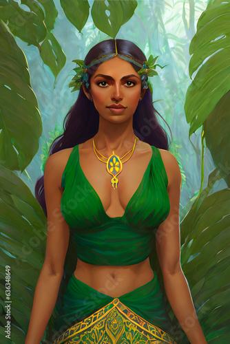 Bela índia nativa Brasileira sensual no interior da floresta Amazônica. Busto de mulher negra séria, vestindo roupas feitas de plantas. Indígena morena linda e sensual usando joias e colares naturais. photo