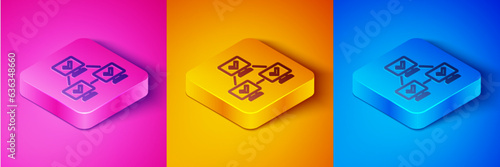Isometric line NFT blockchain technology icon isolated on pink and orange, blue background. Non fungible token. Digital crypto art concept. Square button. Vector