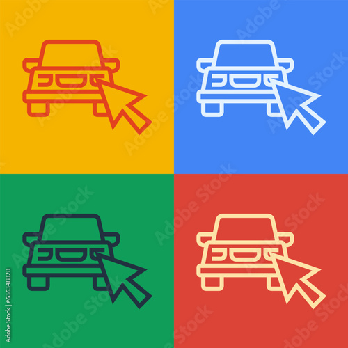 Pop art line Online car sharing icon isolated on color background. Online rental car service. Online booking design concept for laptop. Vector