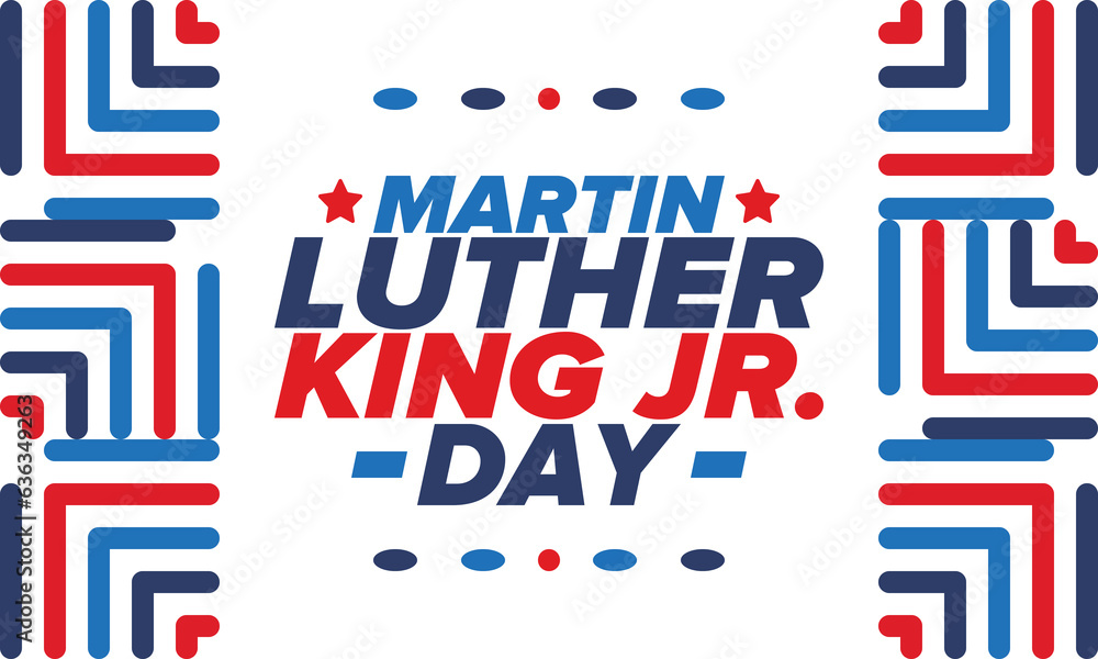 Martin Luther King, Jr. Day. Celebrated annual in United States in January, federal holiday. African American Rights Fighter. Patriotic american elements. Poster, card, banner, background. Vector - obrazy, fototapety, plakaty 