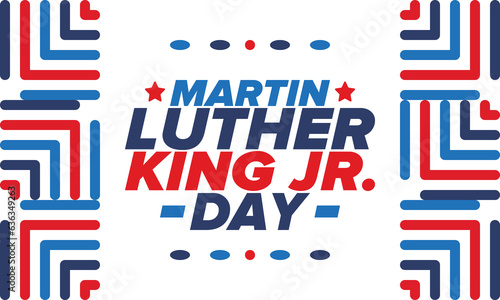 Martin Luther King, Jr. Day. Celebrated annual in United States in January, federal holiday. African American Rights Fighter. Patriotic american elements. Poster, card, banner, background. Vector photo