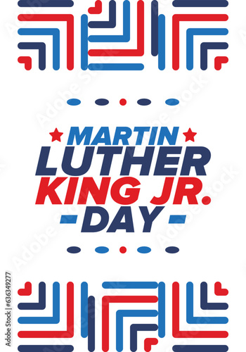 Martin Luther King, Jr. Day. Celebrated annual in United States in January, federal holiday. African American Rights Fighter. Patriotic american elements. Poster, card, banner, background. Vector