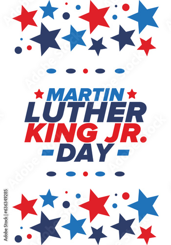 Martin Luther King, Jr. Day. Celebrated annual in United States in January, federal holiday. African American Rights Fighter. Patriotic american elements. Poster, card, banner, background. Vector