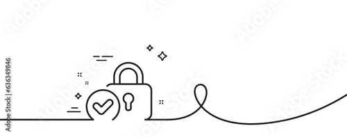 Verified locker line icon. Continuous one line with curl. Approved protection lock sign. Confirmed security symbol. Verified locker single outline ribbon. Loop curve pattern. Vector
