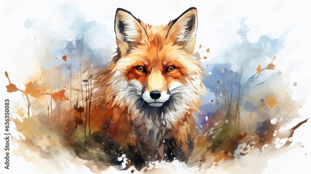 Watercolor fox with double exposure effect . Watercolor fox with double exposure effect .
