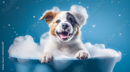 Wallpaper Mural Funny puppy sitting in bathtub waiting for grooming. Banner for pet shop, grooming salon. Generative AI Torontodigital.ca