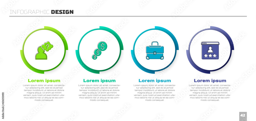 Set Head with question mark, Financial growth and dollar, Briefcase and Customer product rating. Business infographic template. Vector Set Head with question mark, Financial growth and dollar, Briefcase and Customer product rating. Business infographic template. Vector