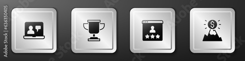 Set Online education, Award cup, Customer product rating and Mountains with flag icon. Silver square button. Vector