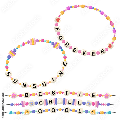 Collection of vector jewelry and children's ornaments. Bracelet made of handmade plastic beads. Set of bright colorful braided bracelets with words from letters forever, sunshine, bestie, chill, cool.