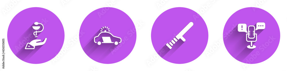 Set Caduceus snake medical, Police car and flasher, rubber baton and Freedom of speech icon with long shadow. Vector Set Caduceus snake medical, Police car and flasher, rubber baton and Freedom of speech icon with long shadow. Vector