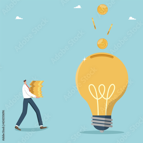 Investing money in innovations for additional profit, turning creative ideas into means of earning money, success and profitability of new projects, man carries coins to light bulb like a piggy bank.