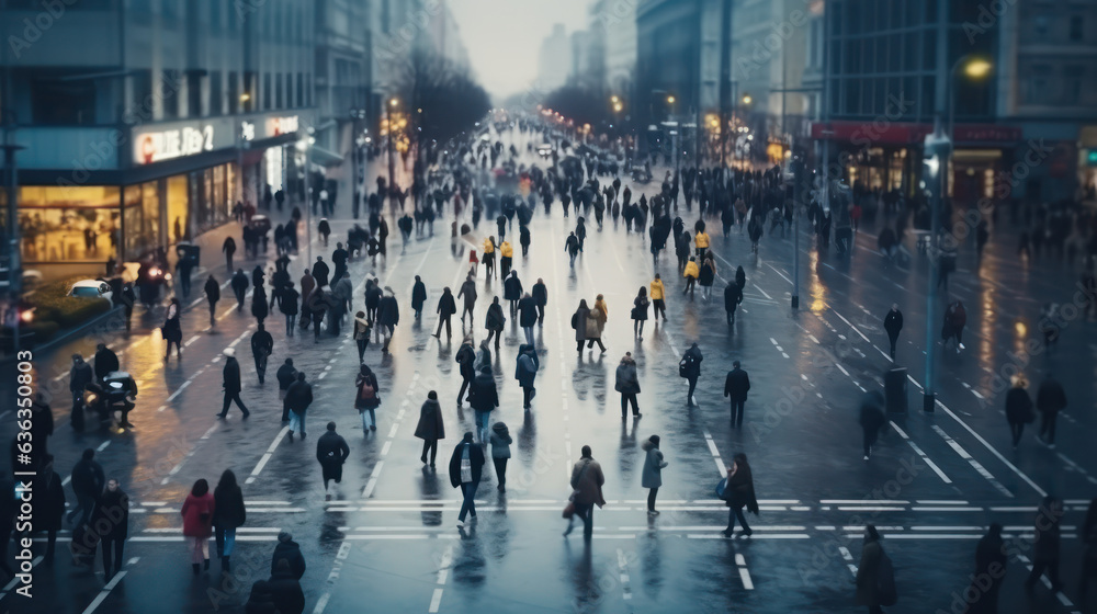 top view of crowd of people walks, people gathered at the street , Generative AI