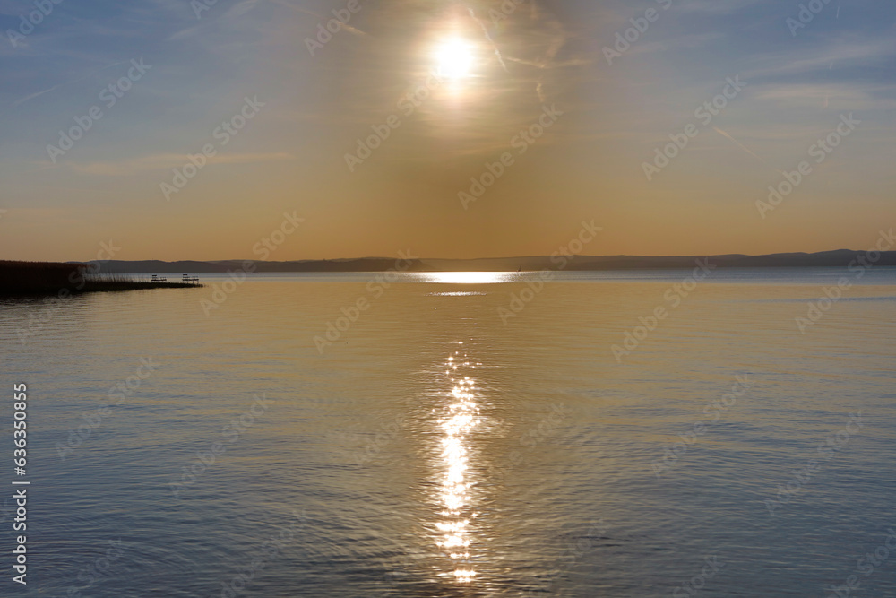 Obraz premium Hungary. View of Lake Balaton at sunset on a spring day
