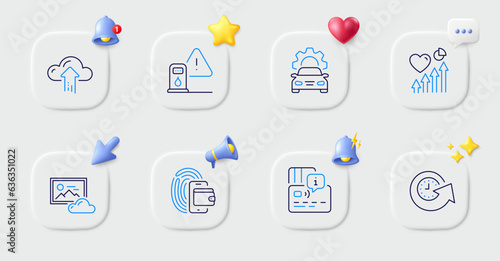 Photo cloud, Cloud upload and Heart beat line icons. Buttons with 3d bell, chat speech, cursor. Pack of Wallet, Update time, Card icon. Car service, Petrol station pictogram. Vector