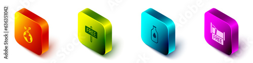 Set Isometric Volunteer team planting trees, Free sign, Bottle of water and overnight stay house icon. Vector