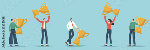 Set of illustrations of random people with winning cups. Concept of victory and superiority, achieving set goals and high scores, great success, career growth, defeating competitor and getting award.