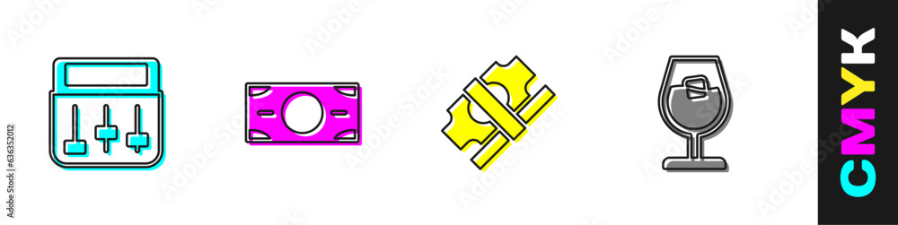 Set Drum machine music, Stacks paper money cash, and Wine glass icon. Vector Set Drum machine music, Stacks paper money cash, and Wine glass icon. Vector