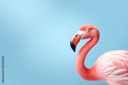 Pink flamingo standing on blue background. AI generated