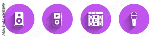 Set Stereo speaker, Music player, Drum machine music and Microphone icon with long shadow. Vector